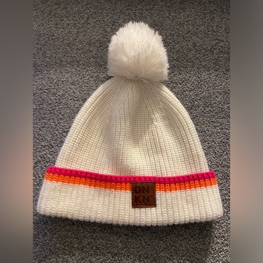 Dunkin Donuts 100% Acrylic White Beanie with Pink and Orange Stripes